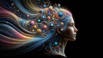 The primary subject of the image is a woman's head, which is the main focus of the image. The setting is a dark background, which contrasts with the vibrant colors and intricate patterns on the woman's head. The visual style is digital art, as the woman's head is depicted in a detailed and artistic manner. The colors and mood of the image are lively and energetic, with the woman's head adorned with a variety of colorful shapes and patterns.